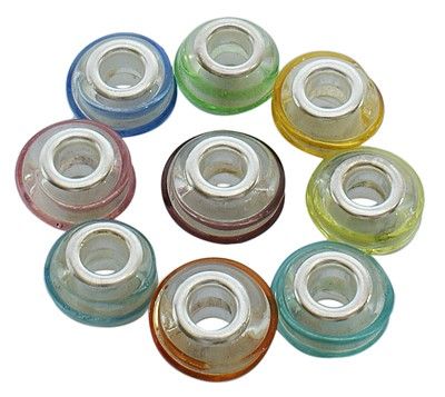 Намистини імітація Пандора, скляні, сріблясті зі спіральним малюнком, різних кольорів, 14х10 mm