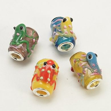 Бусины Пандора, стеклянные, разноцветные с лягушками, 14х10 mm