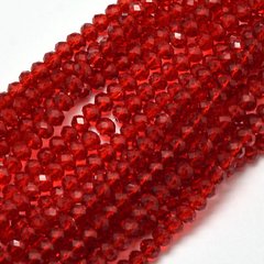 Скляні намистини, грановані, в формі ронделя, червоні, прозорі, 3х2 мм