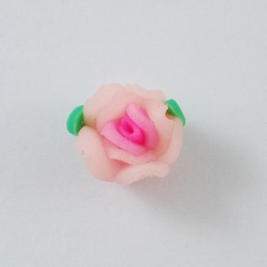 Намистина з полімерної глини, троянда, рожева з листочками, 10х10х6 mm