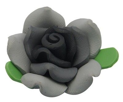 Намистина з полімерної глини, троянда, чорна з листочками, 15х10 mm
