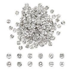 Бусины металлические, литые, круглые плоские, со знаками Зодиака, серебристые, диаметр 10 мм.