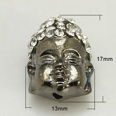 Намистини металеві, голова Будди, з прозорими стразами, чорні, 17х13х10 mm
