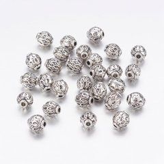 Бусины металлически с узором, литые, серебристые, d=6 mm