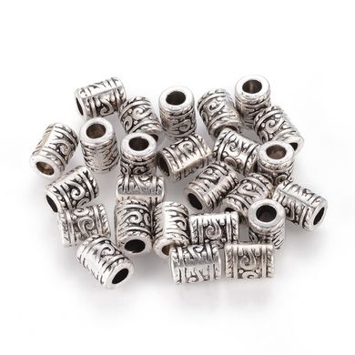 Бусины трубки, металлические, литые, серебристые с узором, 9х7 мм.