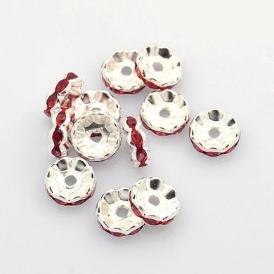 Розділювачі для намистин у формі ронделя, сріблясті з червоними стразами, d=10 mm