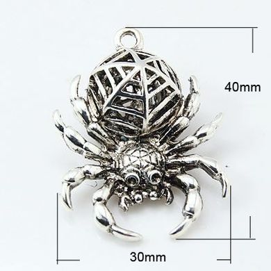 Кулон металлический, серебристый, паук, 40х30х15 mm