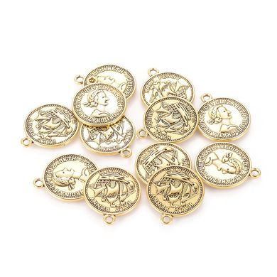 Підвіски монети, золотистого кольору, металеві, литі, 23х19 мм