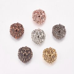 Намистини металеві, литі, у формі голови лева, різних кольорів, 14х12 mm