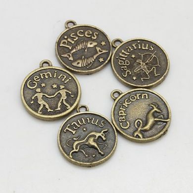 Кулоны металлические, цвета бронзы, в виде монет со знаками Зодиака, d=17 mm