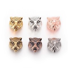 Намистини металеві, литі, у формі голови леопарда, різних кольорів, 11х10 mm