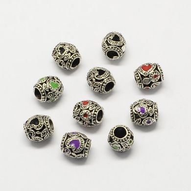 Бусины типа Пандора, серебристые, в форме бочонка, с эмалью разных цветов, 10х8 mm