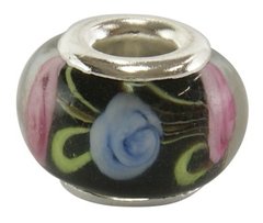 Намистини імітація Пандора, скляні, чорні з квіточками, 14х10 mm